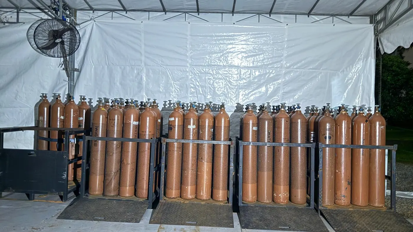 Helium cylinders prepared for large floating inflatable operation