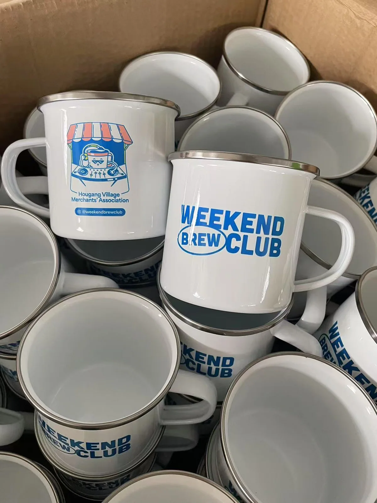 Bulk Hougang Weekend Brew Club mugs packed together before shipment