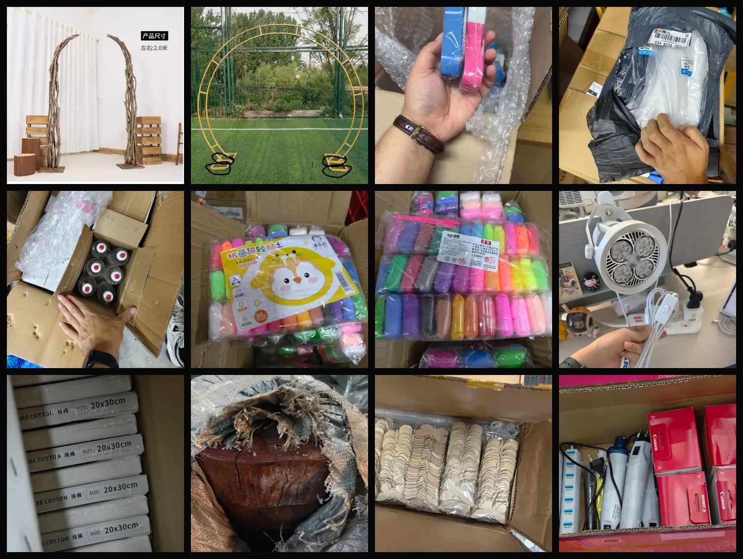 Collage of Wings of Art procurement items including craft materials, markers, lighting, wooden structures and equipment