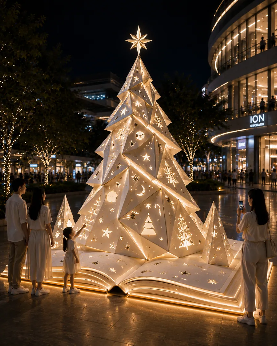 AI concept reference for a pop-up book Christmas tree with paper sculpture layers