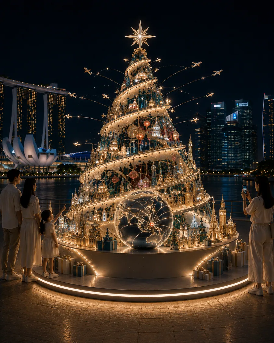 AI concept reference for a global travel themed Christmas tree