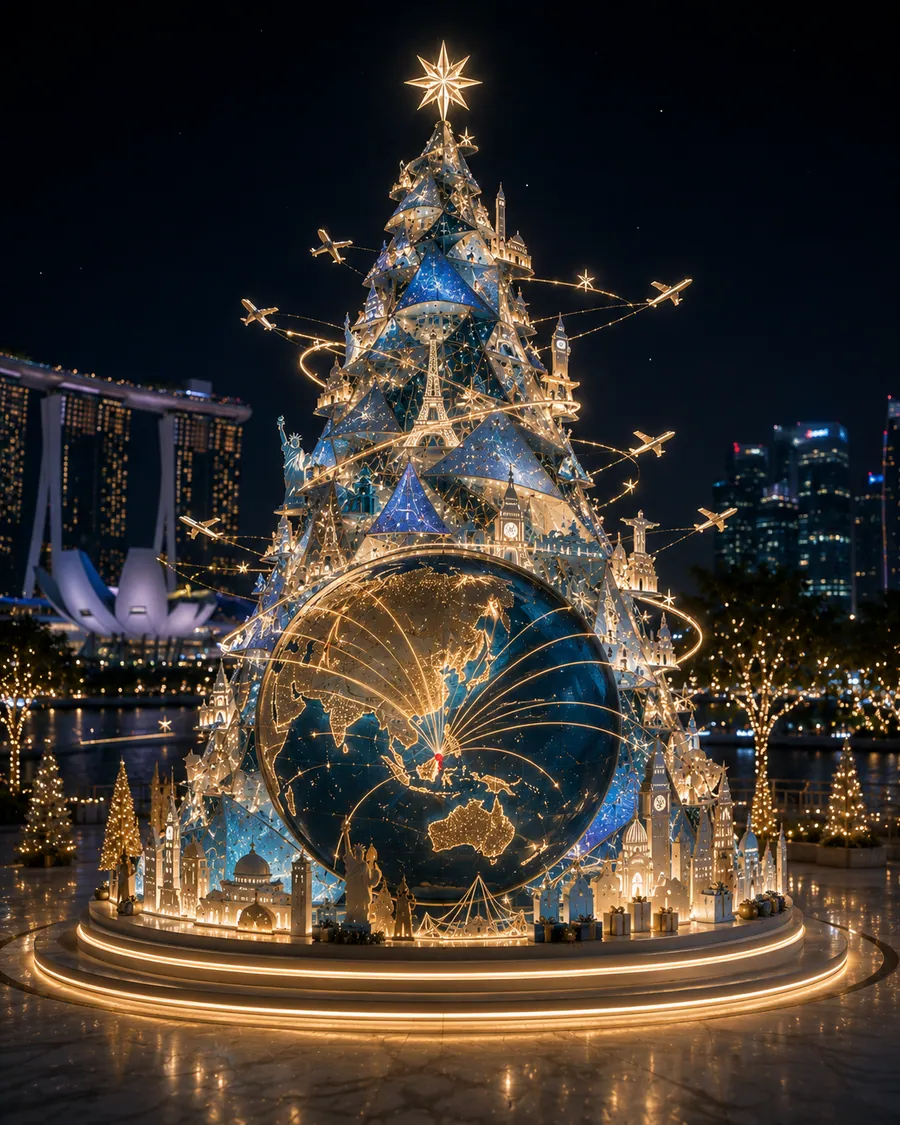 AI concept reference for an international travel themed festive tree