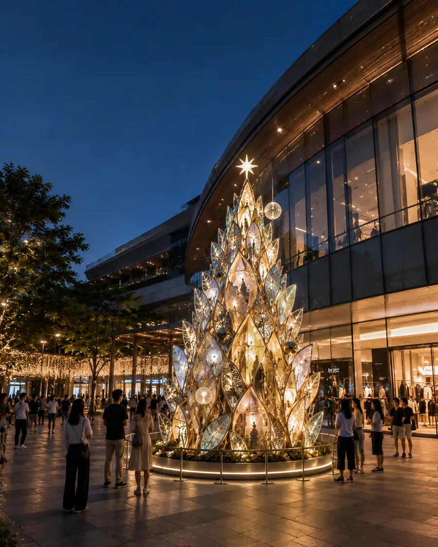 AI concept reference for a tropical reflective Christmas tree using palm leaf forms