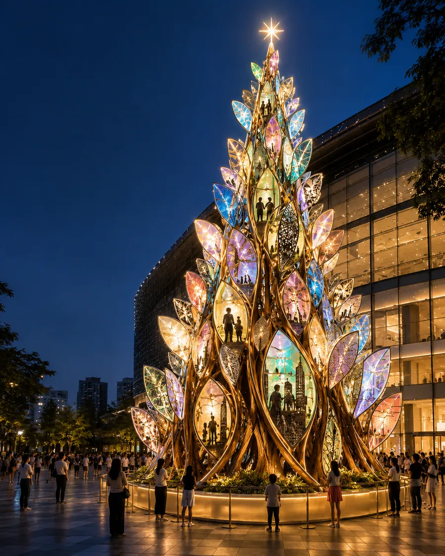 AI concept reference for a colorful tropical Christmas tree with reflective film