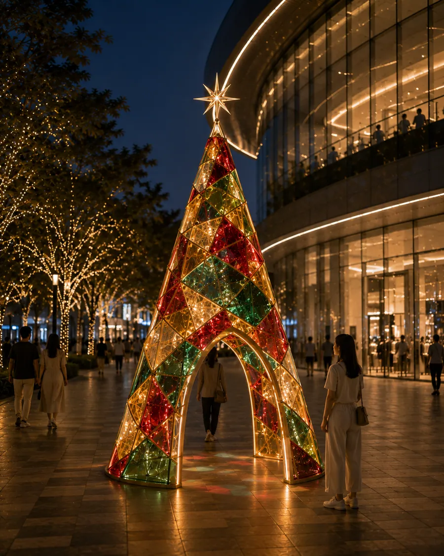 AI concept reference for a festive tree made with translucent candy paper effects