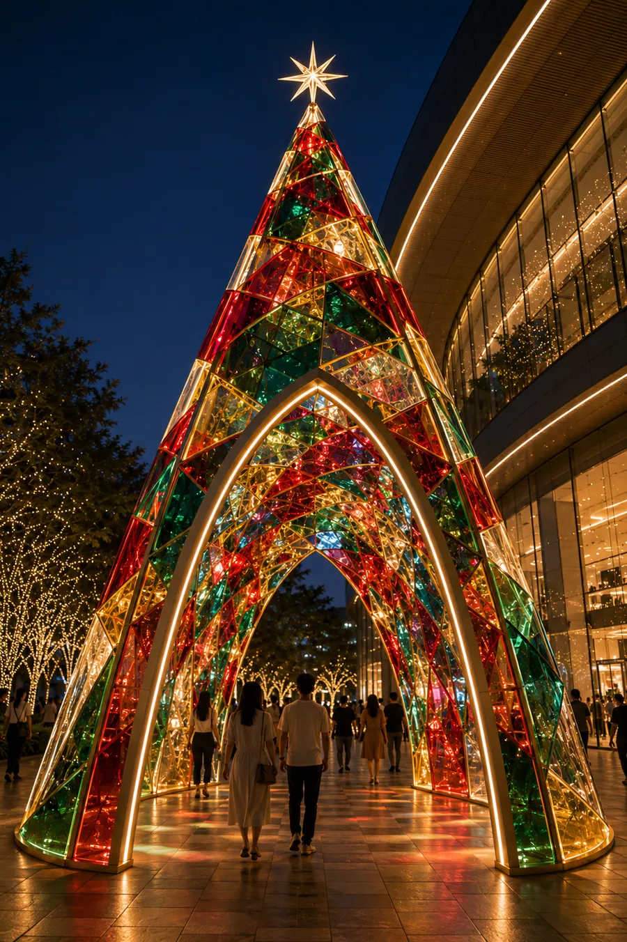 AI concept reference for a tall translucent festive tree installation