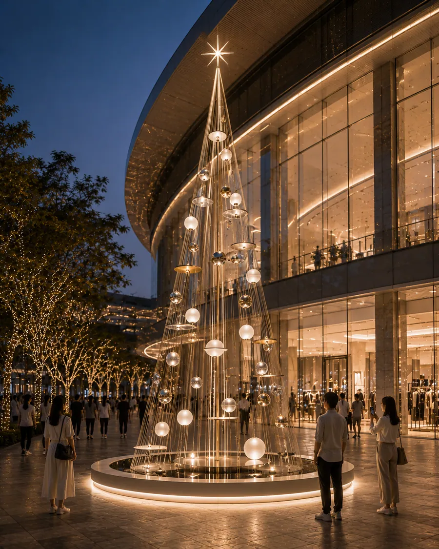 AI concept reference for a lightweight flowing Christmas tree with thin illuminated structure