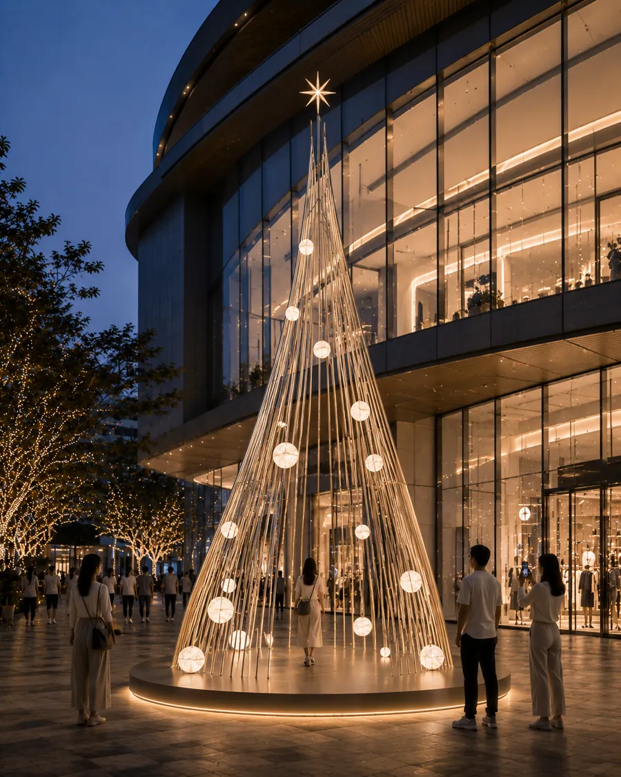 AI concept reference for a slender flowing Christmas tree structure