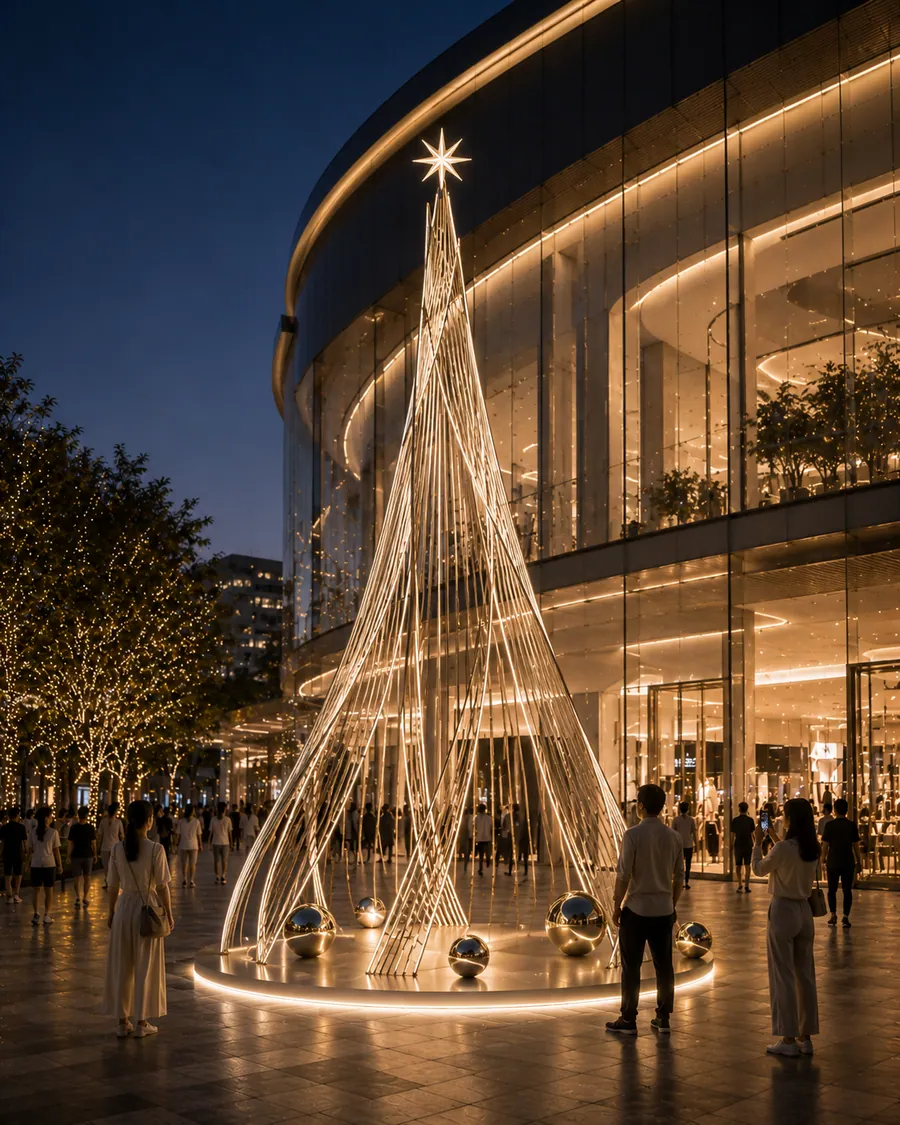 AI concept reference for a flowing commercial Christmas tree installation
