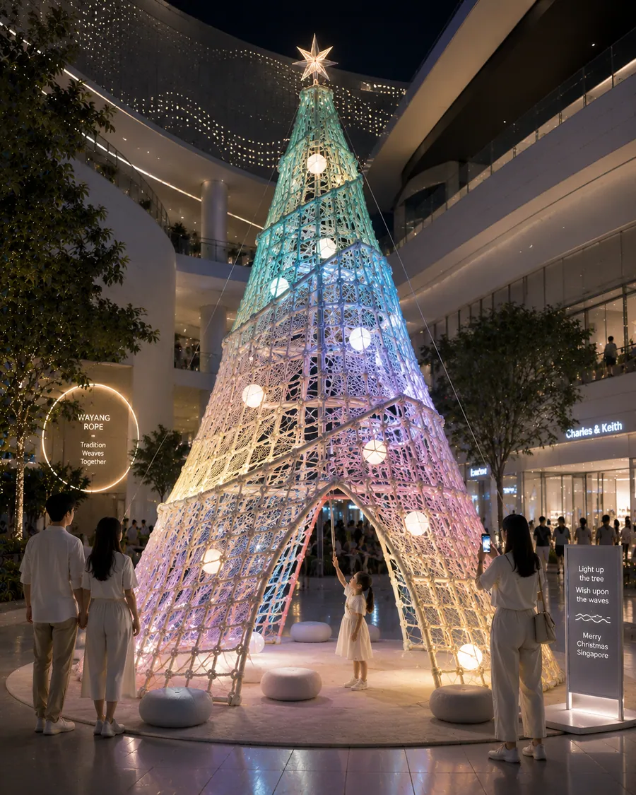 AI concept reference for a fishing net heritage Christmas tree inspired by Singapore island culture