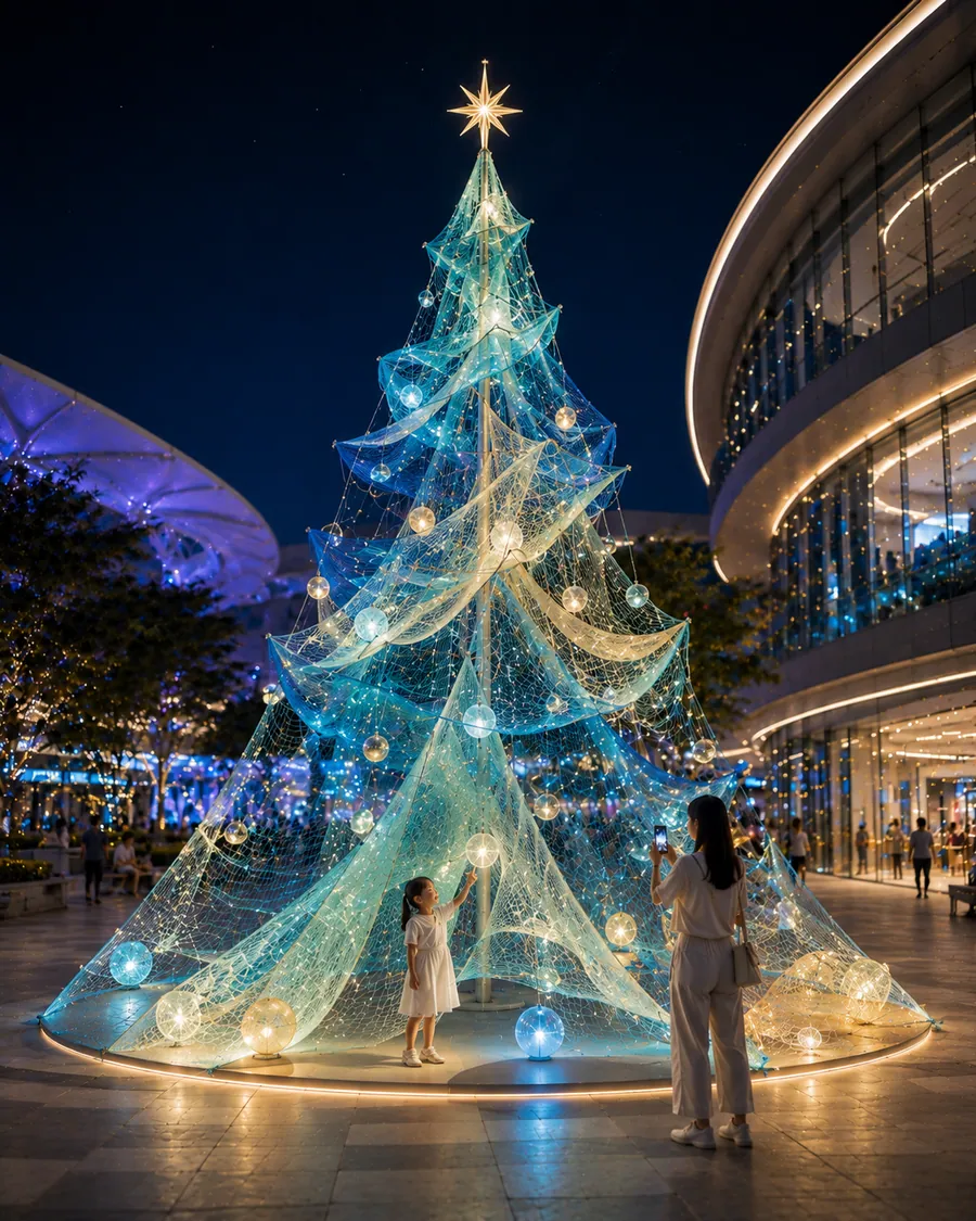 AI concept reference for a netted festive tree with Singapore maritime inspiration