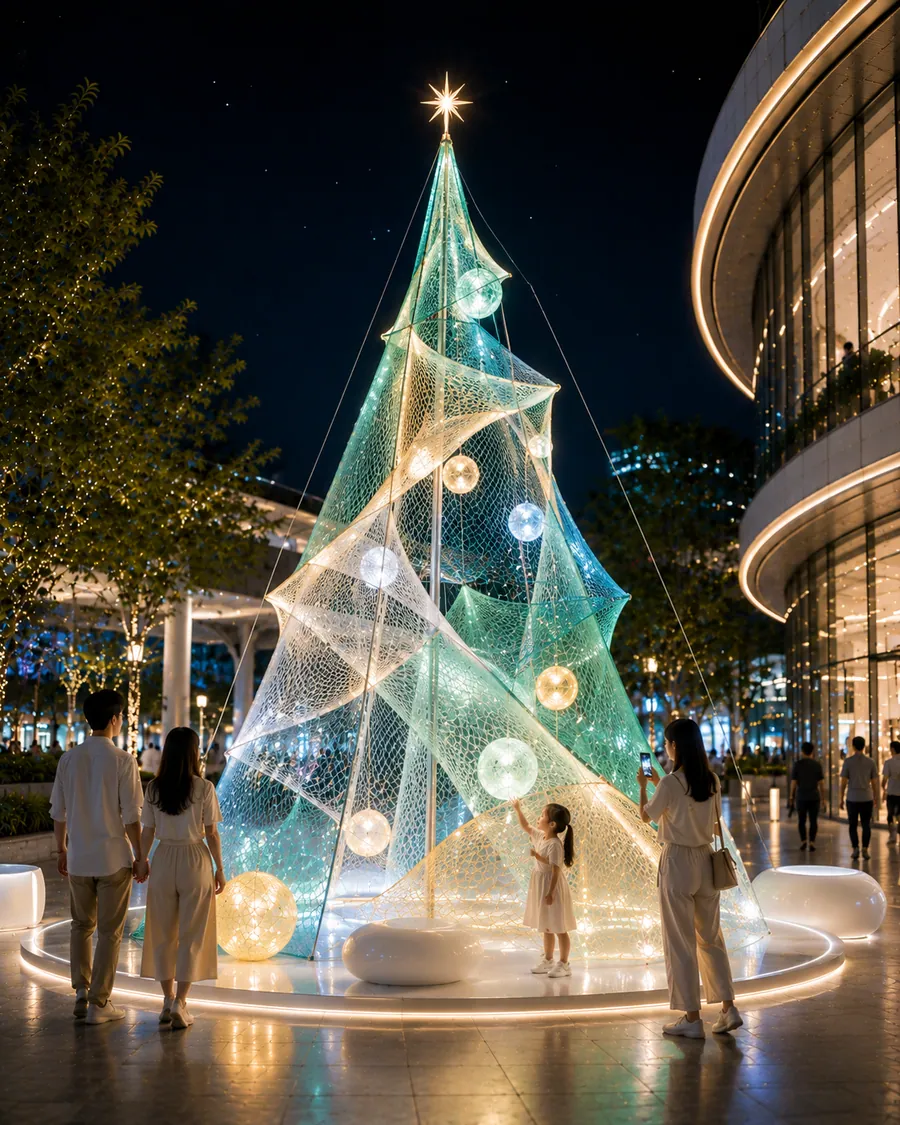 AI concept reference for a fishing net Christmas tree with cultural storytelling