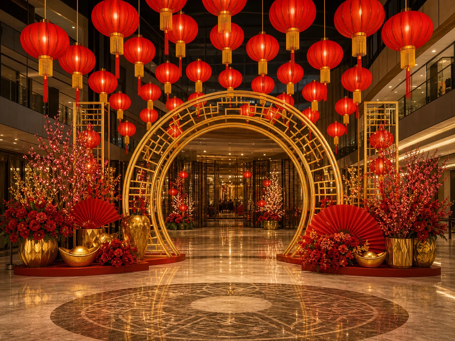 Generated Chinese New Year lantern arch and red gold festive decor concept