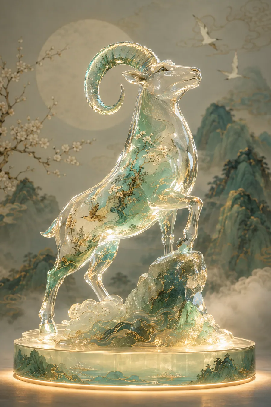 AI concept reference for a jade-like transparent resin sheep sculpture