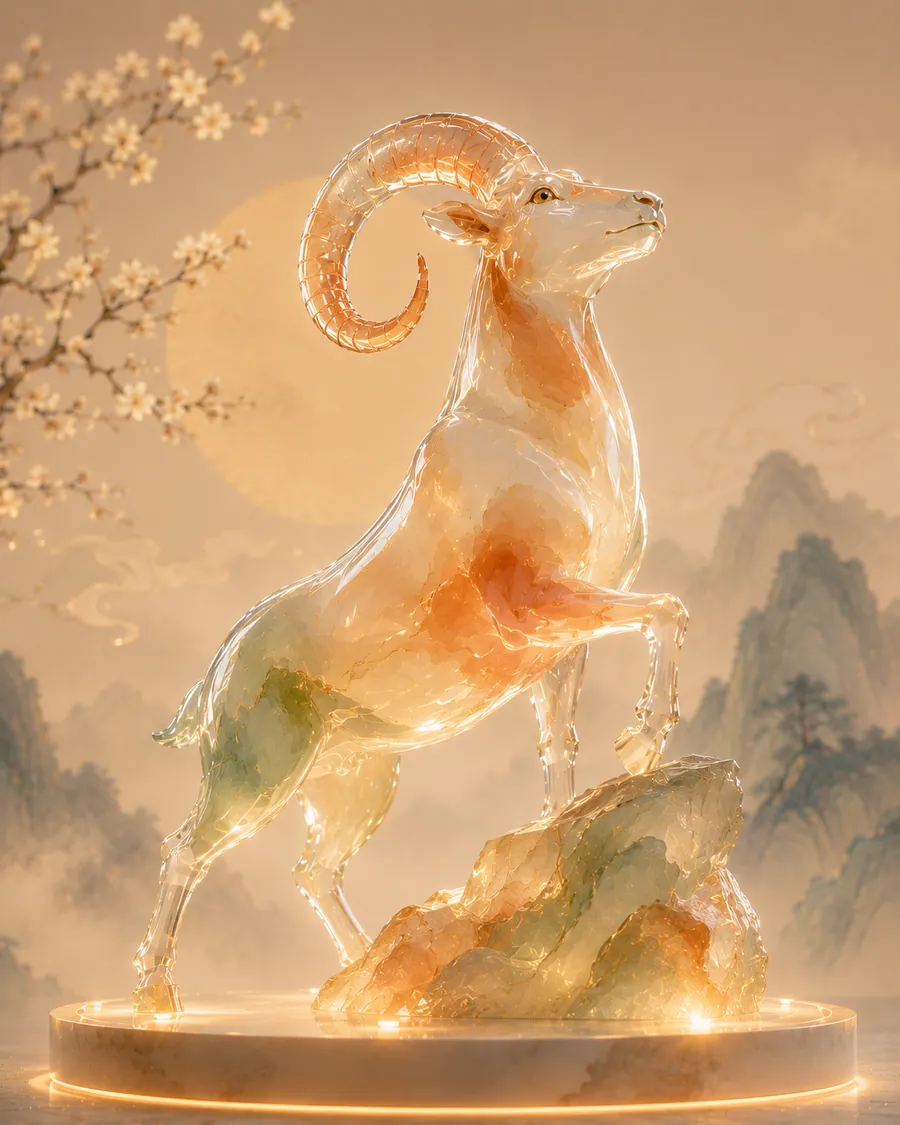 AI concept reference for a transparent resin ram with Chinese painting colors