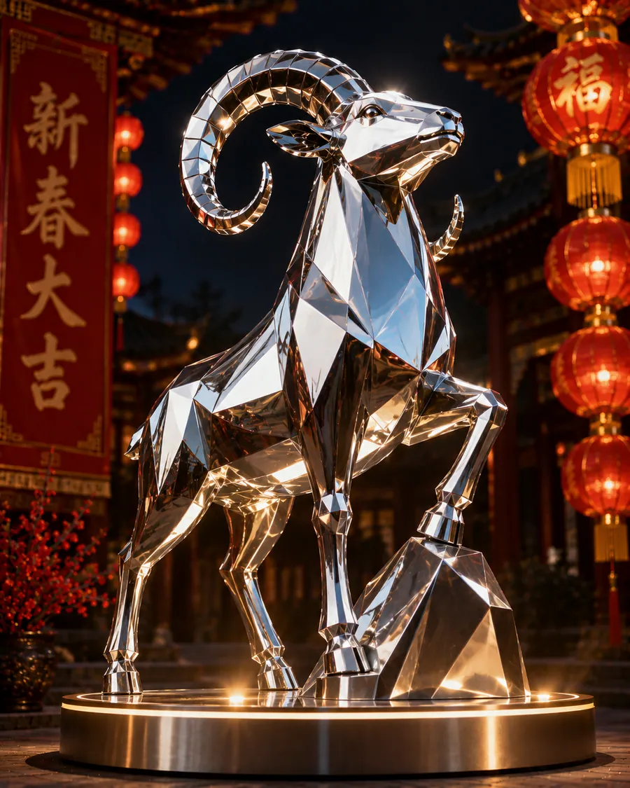 AI concept reference for a mirror stainless steel ram sculpture with base lighting