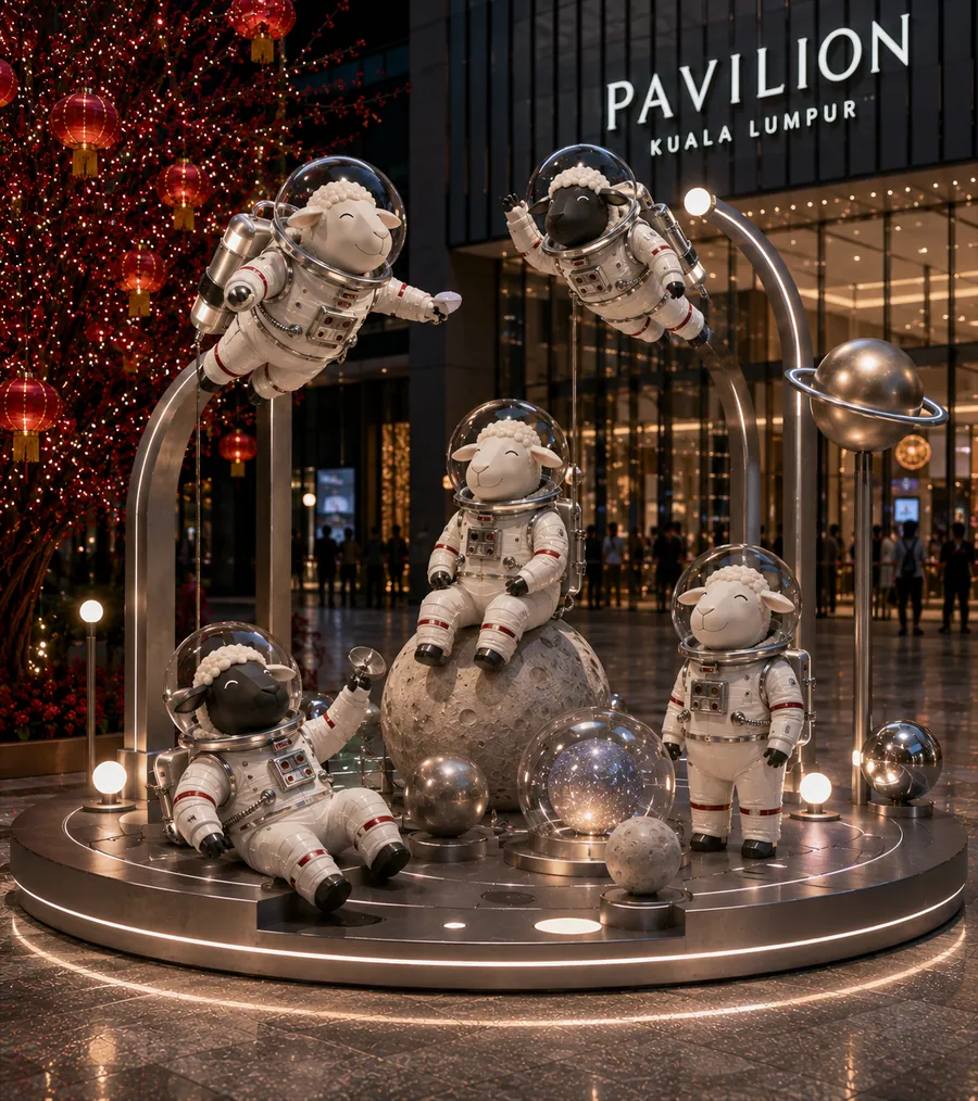 AI concept reference for a warm sci-fi sheep CNY scene