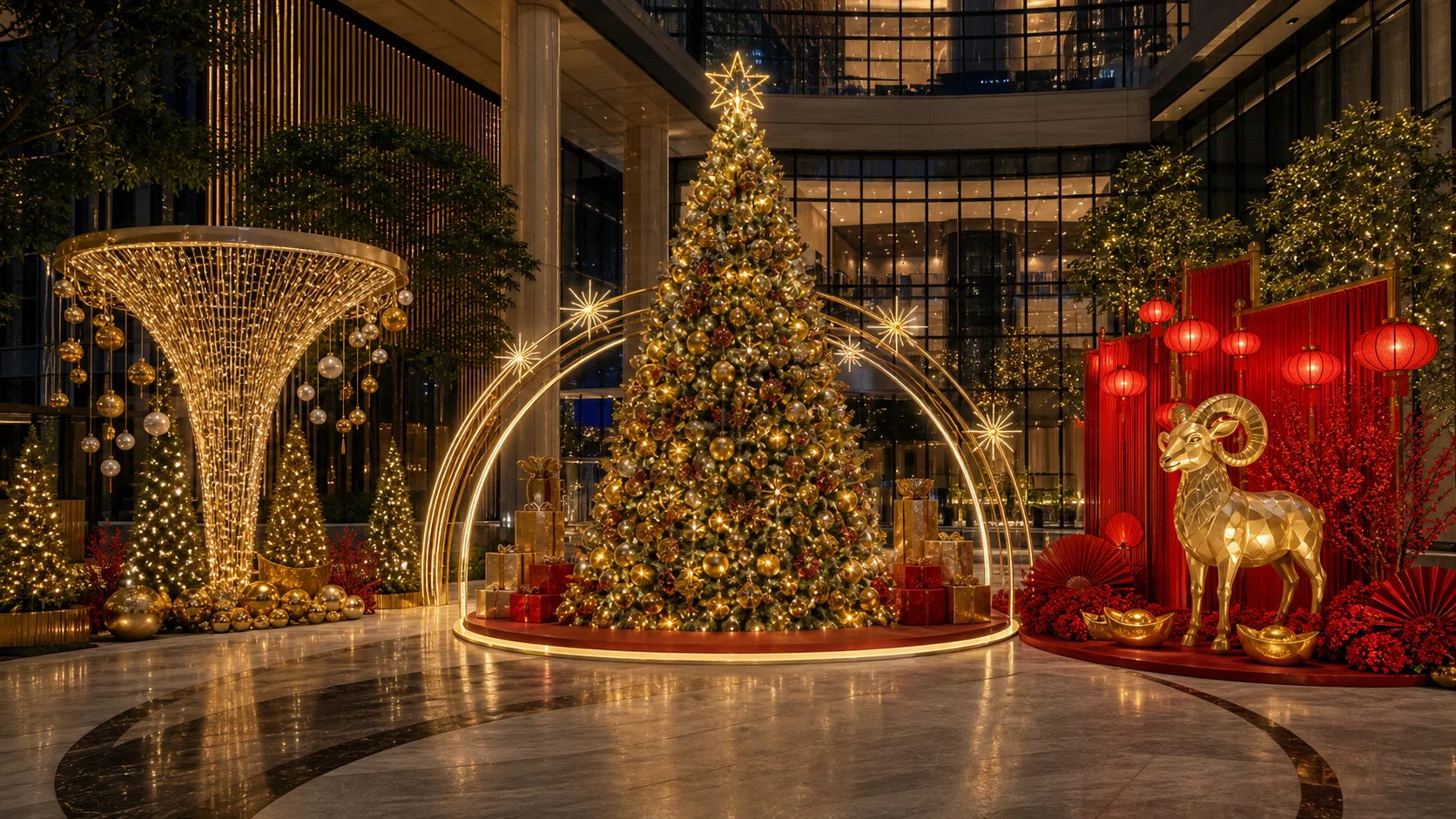 Generated holiday decor concept with Christmas tree, festive lighting and Chinese New Year installation