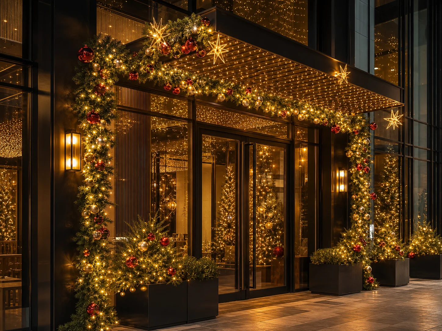 Generated outdoor festive lighting concept for a commercial entrance