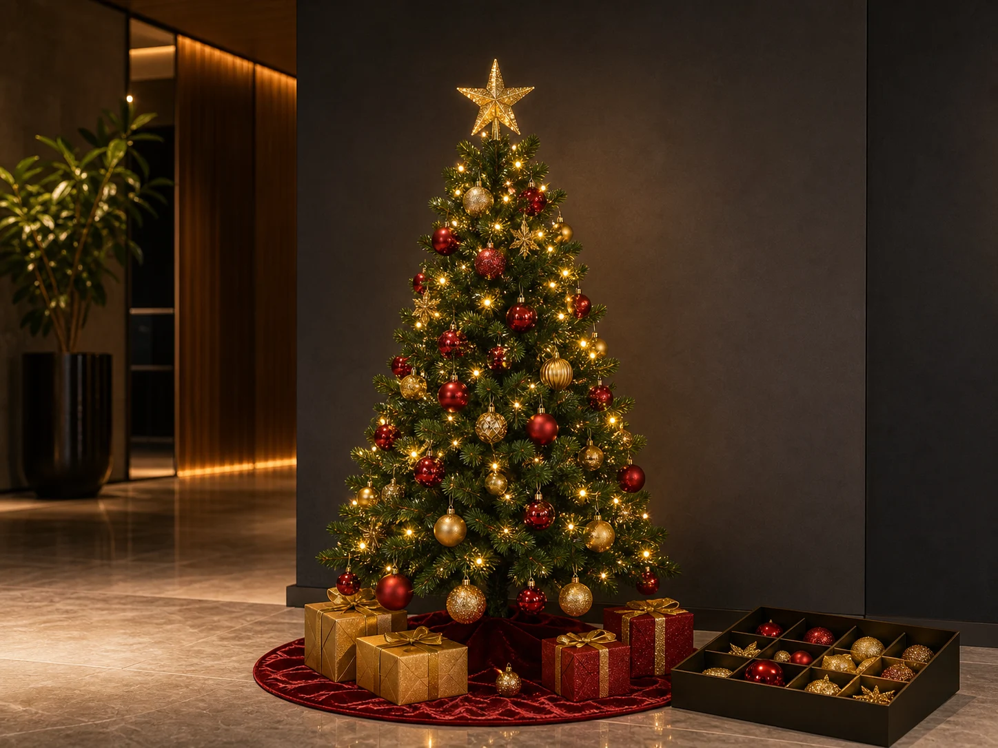 Generated small Christmas tree kit concept with ornaments and warm lights