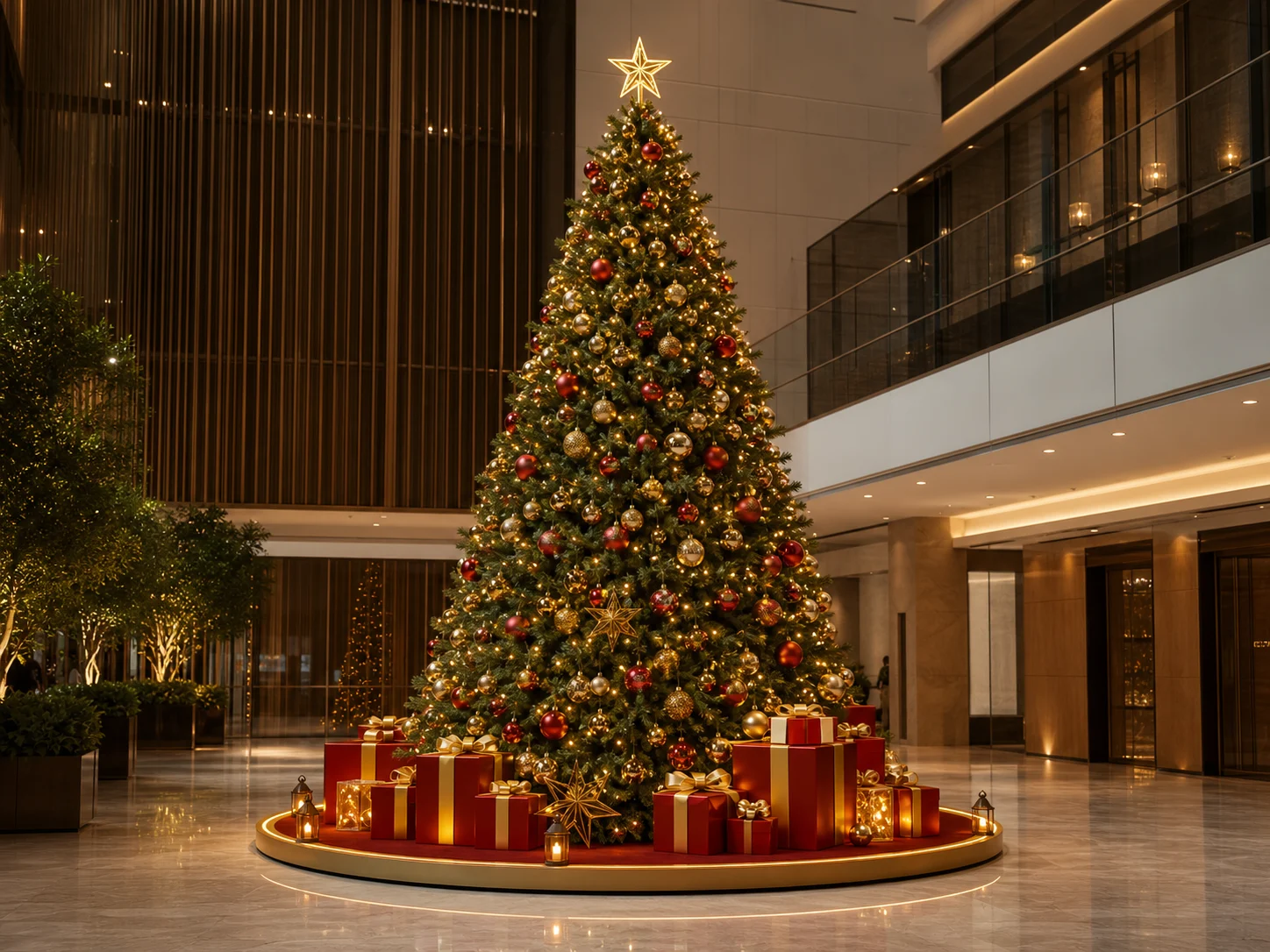 Generated standard large Christmas tree installation concept for commercial spaces