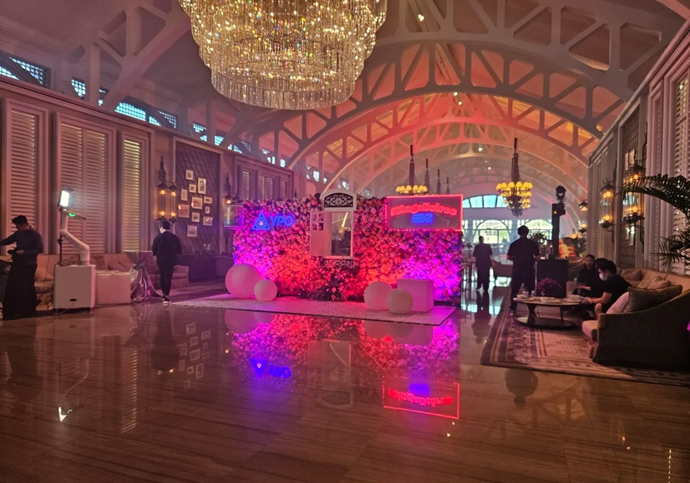 Singapore venue event setup with lighting and cocktail tables